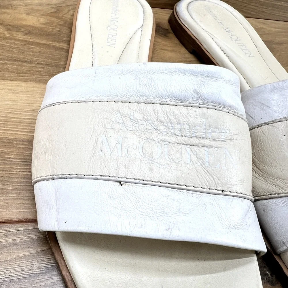 Alexander Mcqueen Slide Sandals 10 EU 40 White Beige Neutrals Leather Square Toe